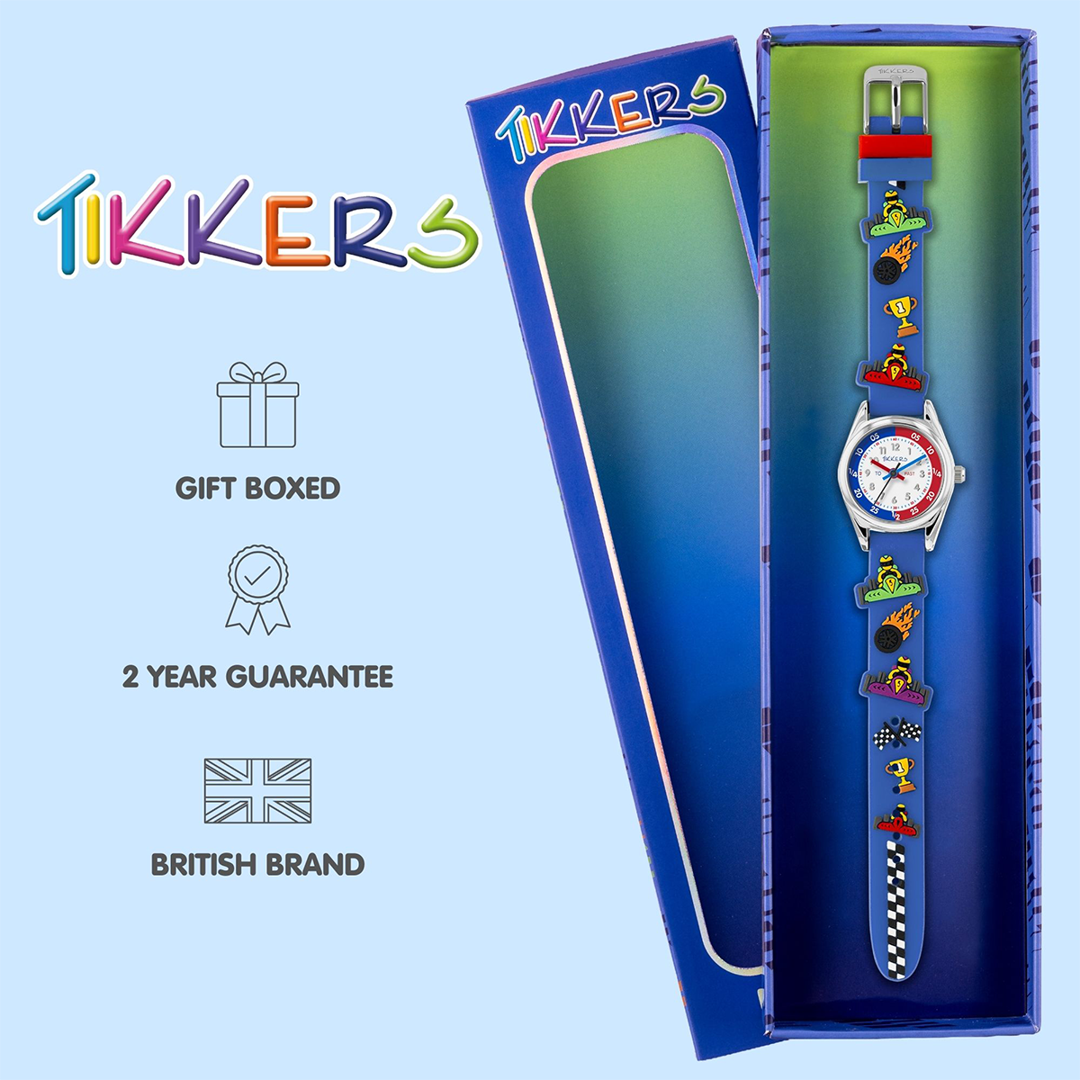 Tikkers 3D Racing Car Blue Silicone Strap Watch - ATK1096