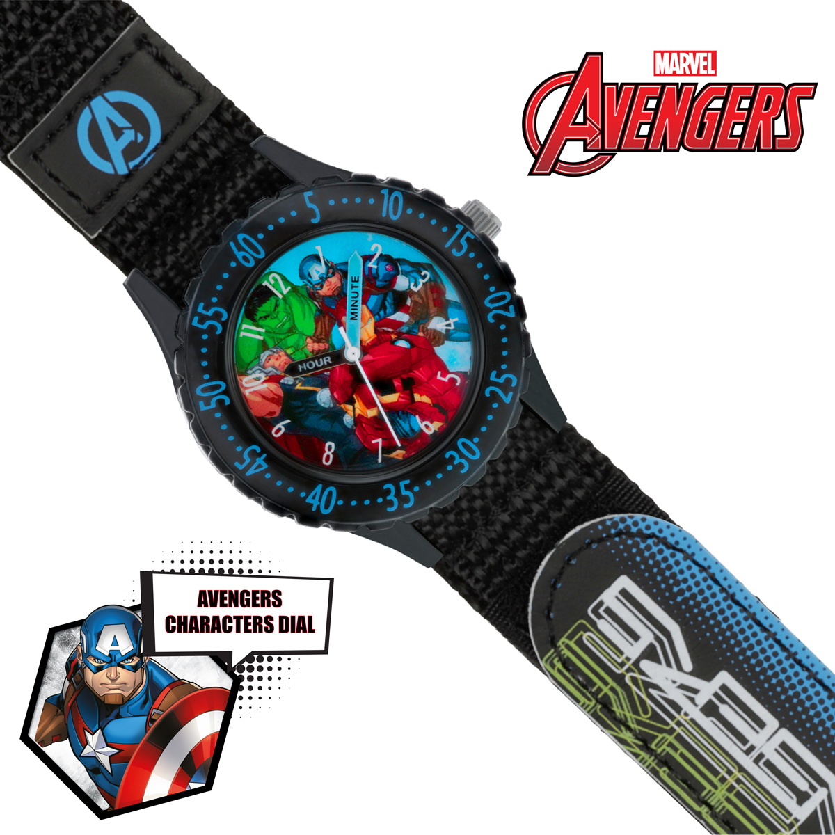 Disney Marvel Avengers Black Printed Fabric Strap Watch - AVG5008