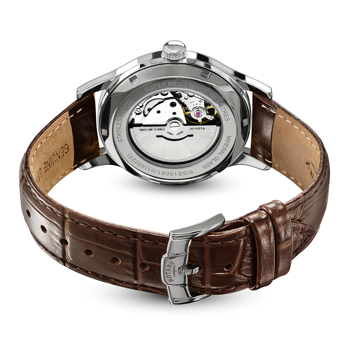 Rotary Men's 1895 Automatic Stainless Steel White Dial Brown Leather Strap Watch - RGS10081/01