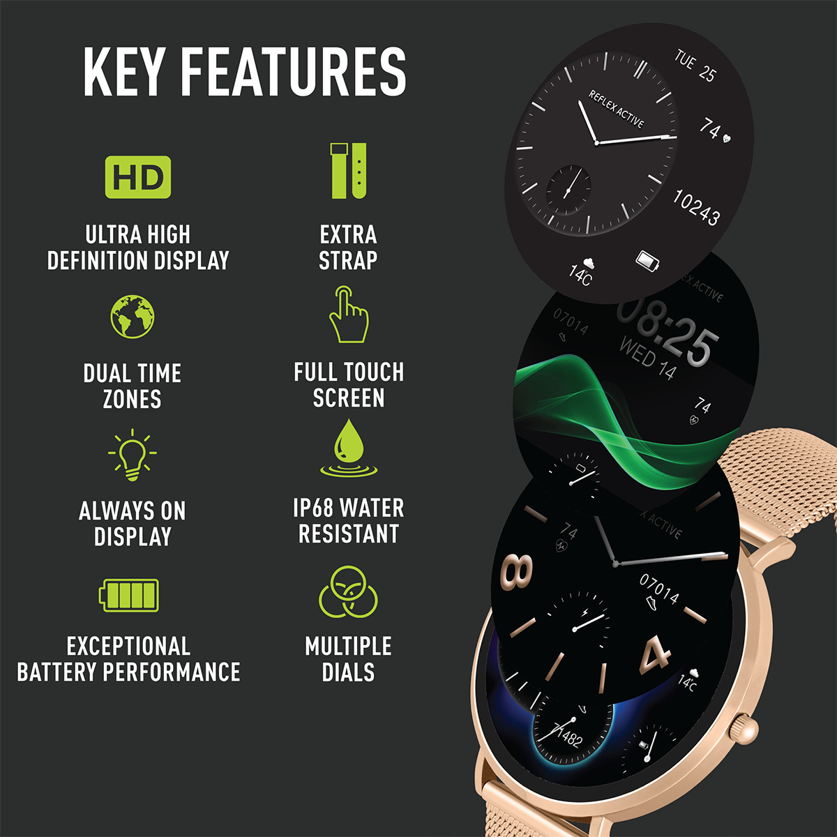 Reflex Active Spectra R 300 Slim Rose Gold Mesh and Pink Silicone Strap AMOLED Ultra Slim Smart Calling Watch Set - RA42-2210