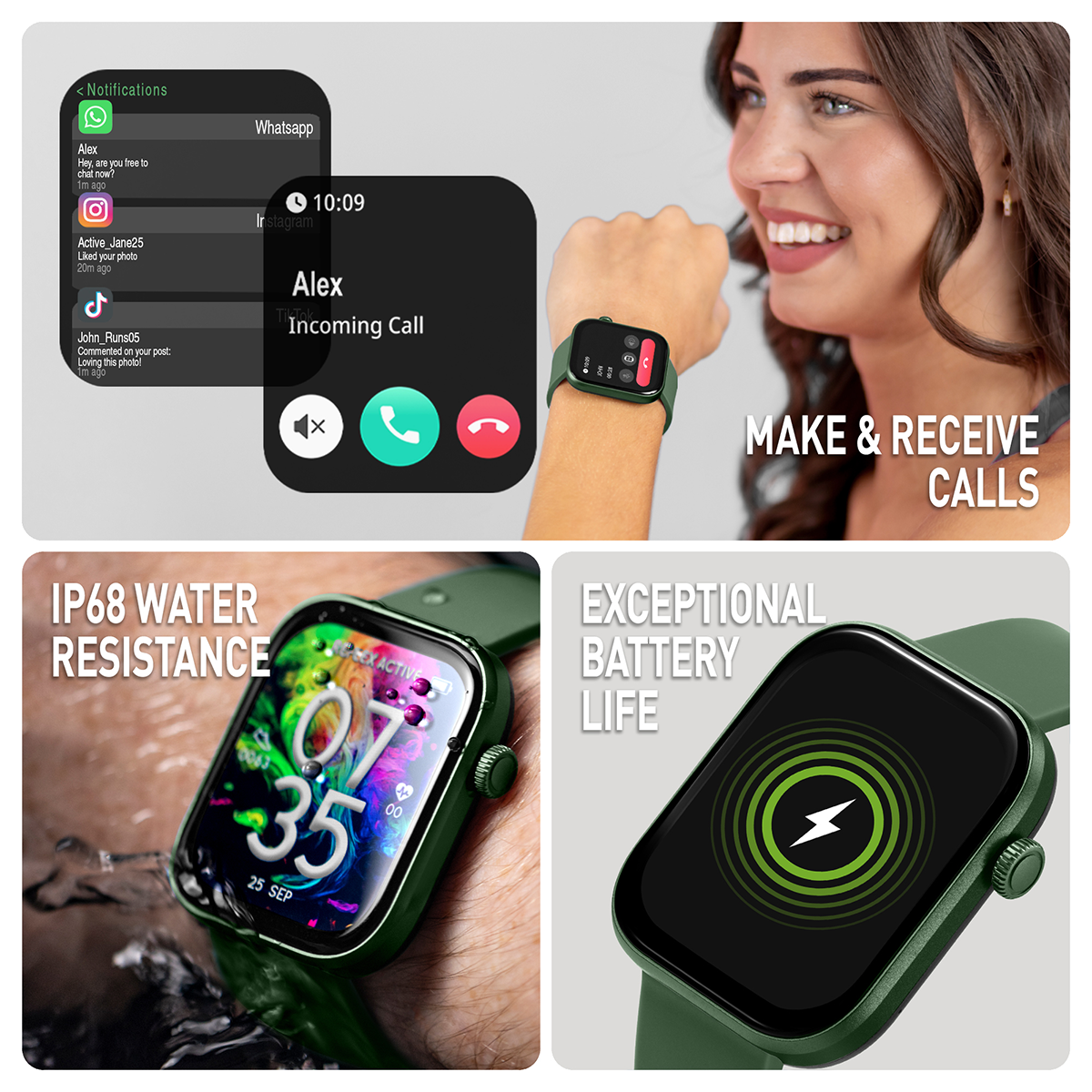 Reflex Active Spectra S 300 Lite Forest Green Silicone Strap AMOLED Smart Calling Watch - RA40-2212