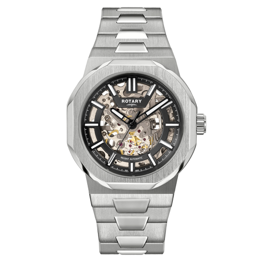 Rotary Men's Regent Skeleton Automatic 100M Water Resistance Black Dial Stainless steel Bracelet Watch - GB05495/04