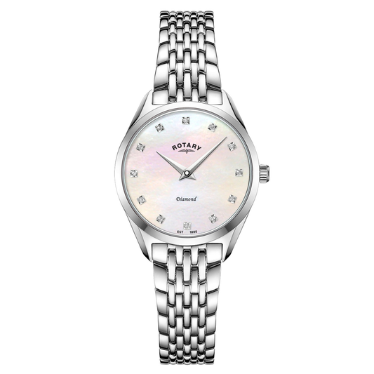Rotary Ladie's Ultra Slim Stone Set Mother Of Pearl Stainless Steel Bracelet Watch - LB08010/07/D