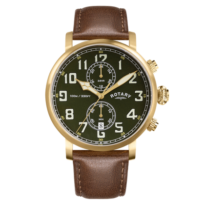 Rotary Men's Heritage Pilot 100M Water Resistance Gold Stainless Steel Brown Leather Strap Watch - RGS10002/24