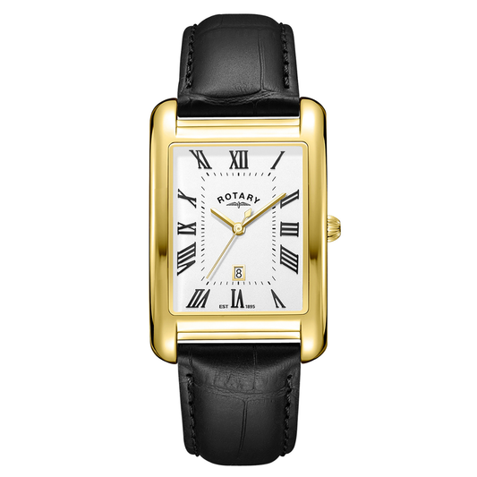 Rotary Men's Heritage Astoria Rectangular Gold Plated Stainless Steel Case Black Leather Strap Watch - GS05753/01