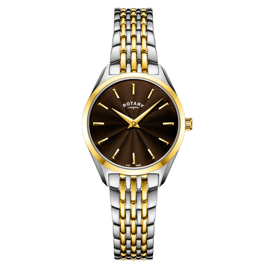 Rotary Ladie's Ultra Slim Sunray Guilloche Dial Silver & Gold Plated Stainless Steel Bracelet Watch - LB08011/49