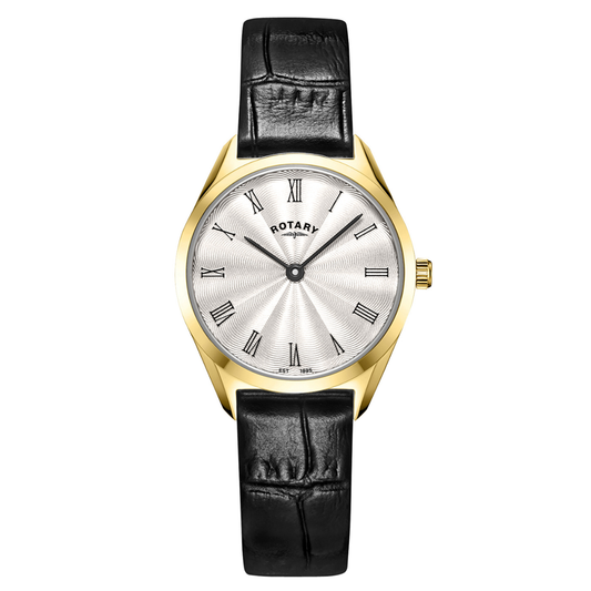 Rotary Ladie's Ultra Slim Gold Plated Stainless Steel Black Leather Strap Watch - LS08013/01