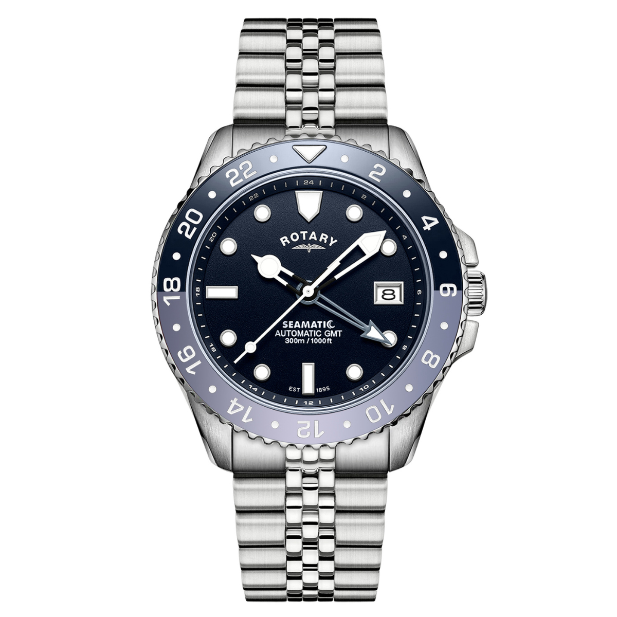 Rotary Men's Seamatic GMT 300M Water Resistance Blue Dial Stainless Steel Bracelet Watch - RGB10005/04