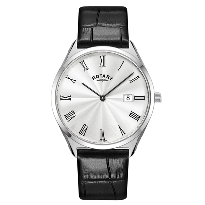 Rotary Men's Ultra SlimStainless Steel Black Leather Strap Watch - GS08010/01
