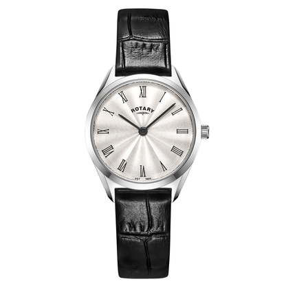 Rotary Ladie's Ultra Slim Stainless Steel Black Leather Strap Watch - LS08010/01