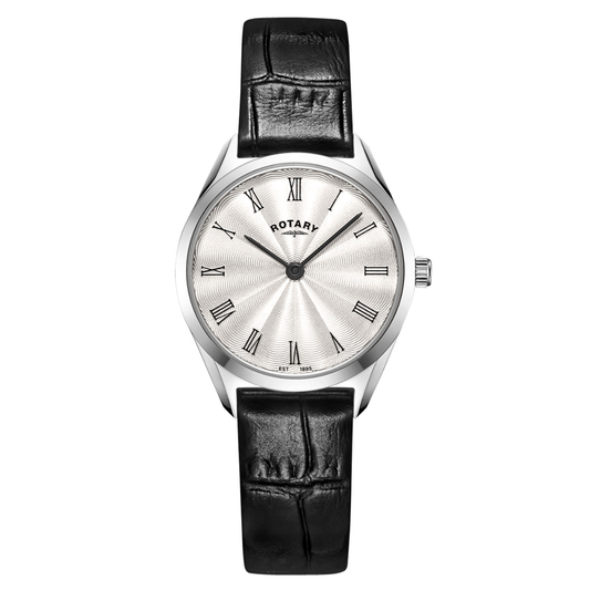 Rotary Ladie's Ultra Slim Stainless Steel Black Leather Strap Watch - LS08010/01