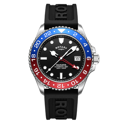 Rotary Men's Seamatic GMT 300M Water Resistance Stainless Steel Black Silicone Strap Watch - GS04378/95