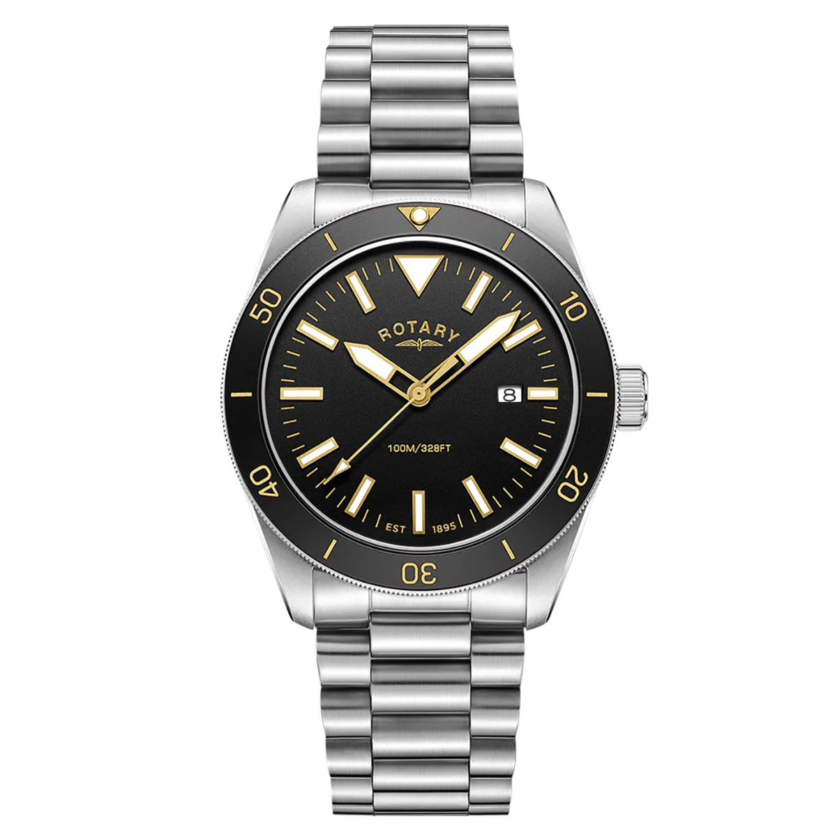 Rotary Men's Apex 10 Black Bezel Stainless Steel Bracelet Watch - RGB10001/06