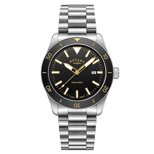 Rotary Men's Apex 10 Black Bezel Stainless Steel Bracelet Watch - RGB10001/06