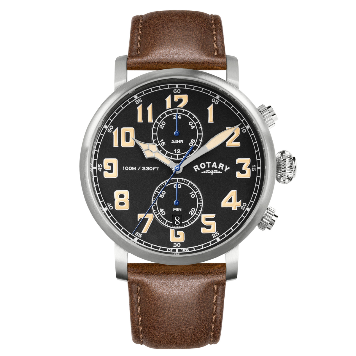 Rotary Men's Heritage Pilot 100M Water Resistance Stainless Steel Brown Leather Strap Watch - RGS10000/04