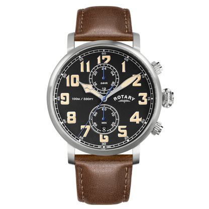 Rotary Men's Heritage Pilot 100M Water Resistance Stainless Steel Brown Leather Strap Watch - RGS10000/04