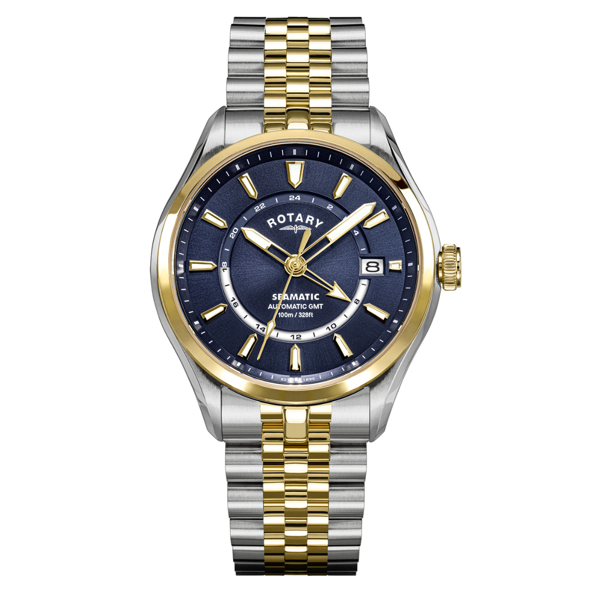 Rotary Men's Seamatic 100 GMT 100M Water Resistance Silver & Gold Plated Stainless Steel Bracelet Watch - RGB10042/05