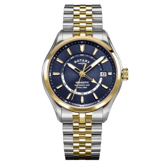 Rotary Men's Seamatic 100 GMT 100M Water Resistance Silver & Gold Plated Stainless Steel Bracelet Watch - RGB10042/05