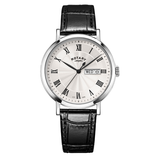 Rotary Men's Heritage Roman Numeral Stainless Steel Black Leather Strap Watch - GS05420/01