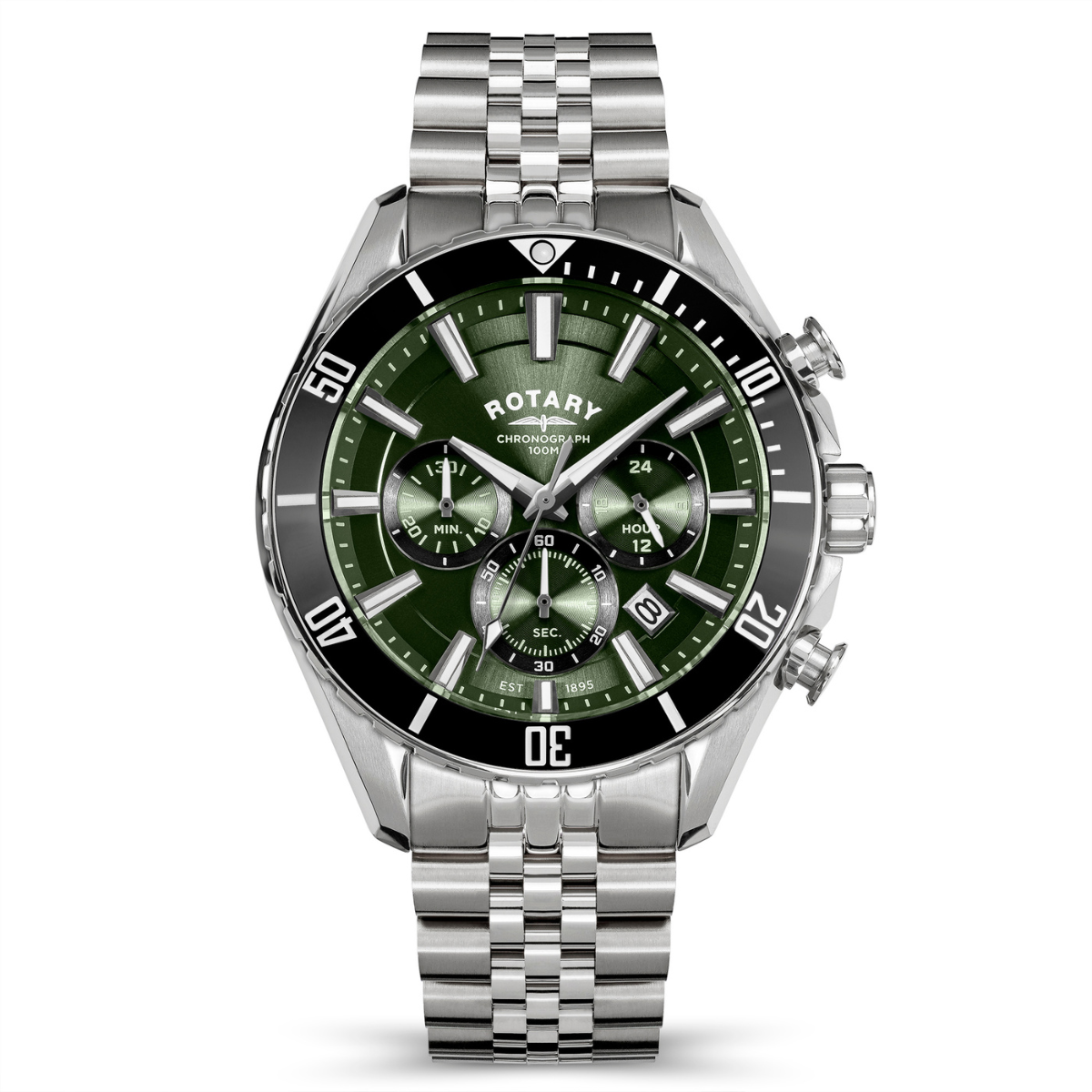 Rotary Men's Apex 100 Chronograph 100M Water Resistance Green Dial Stainless Steel Bracelet Watch - RGB10013/24
