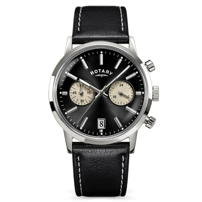 Rotary Men's 1895 Stainless Steel Chronograph Black Leather Strap Watch - RGS10067/04