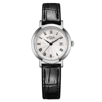 Rotary Ladies Heritage White Roman Numeral Dial Stainless Steel Black Leather Strap Watch - LS05420/01