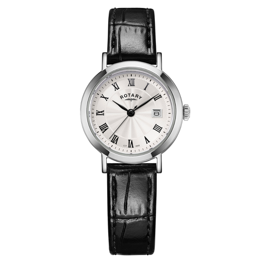 Rotary Ladies Heritage White Roman Numeral Dial Stainless Steel Black Leather Strap Watch - LS05420/01