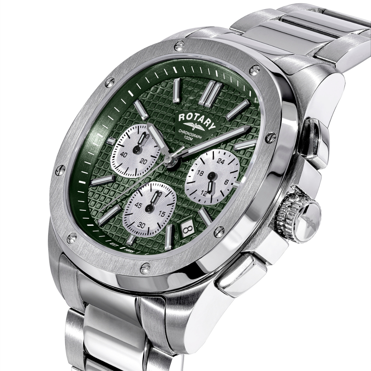 Rotary Mens Apex 100 Chronograph Green Dial Stainless Steel Bracelet Watch - RGB10029/24