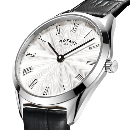 Rotary Ladie's Ultra Slim Stainless Steel Black Leather Strap Watch - LS08010/01