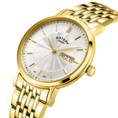 Rotary Men's Heritage White Guilloche Dial Gold Plated Stainless Steel Bracelet Watch - GB05423/02