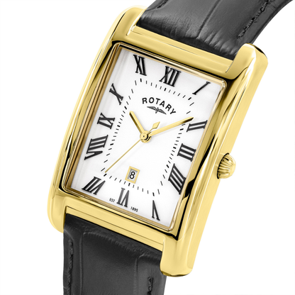 Rotary Men's Heritage Astoria Rectangular Gold Plated Stainless Steel Case Black Leather Strap Watch - GS05753/01
