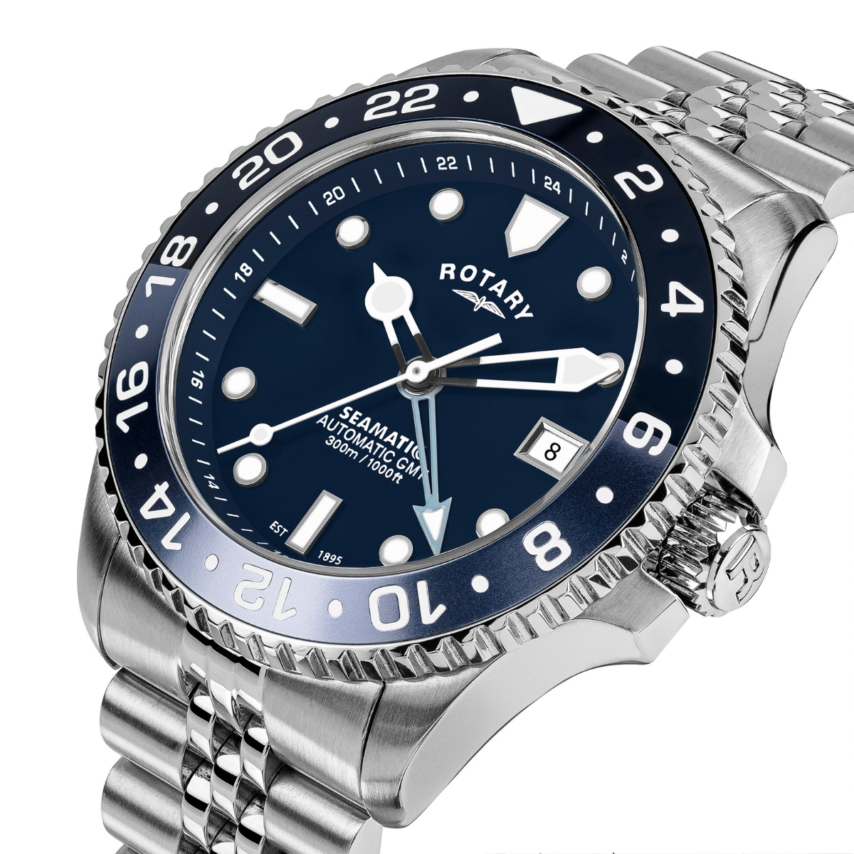 Rotary Men's Seamatic GMT 300M Water Resistance Blue Dial Stainless Steel Bracelet Watch - RGB10005/04