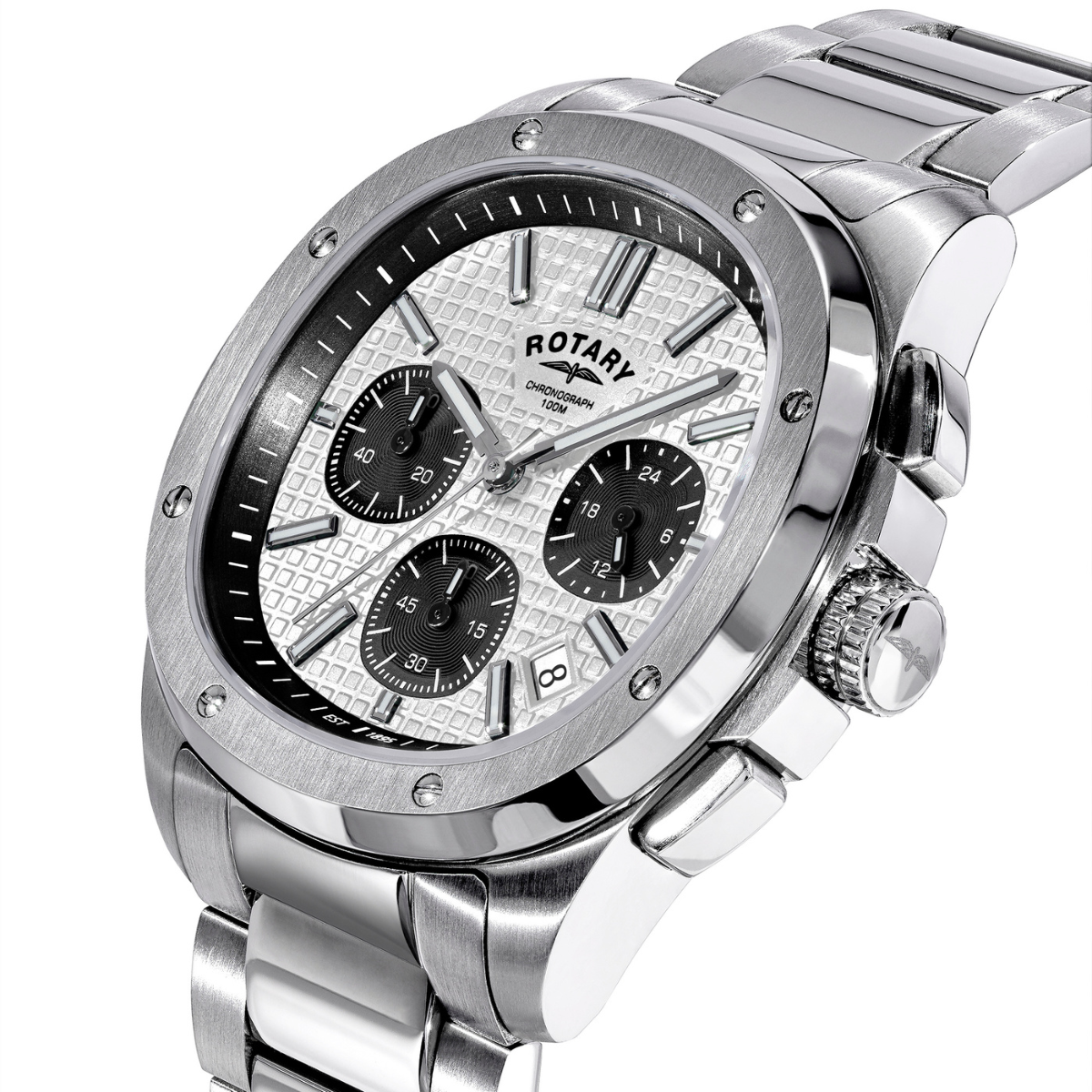 Rotary Mens Apex 100 Chronograph Silver Dial Stainless Steel Bracelet Watch - RGB10031/07