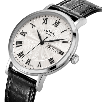 Rotary Men's Heritage Roman Numeral Stainless Steel Black Leather Strap Watch - GS05420/01