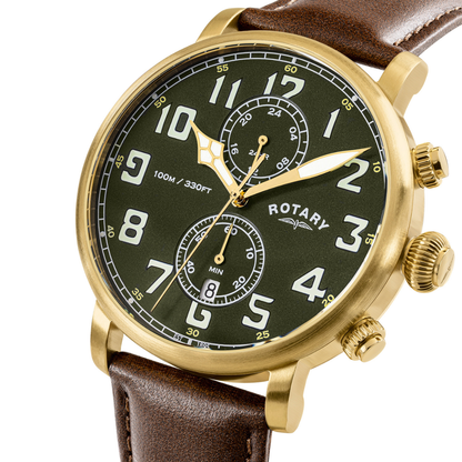 Rotary Men's Heritage Pilot 100M Water Resistance Gold Stainless Steel Brown Leather Strap Watch - RGS10002/24