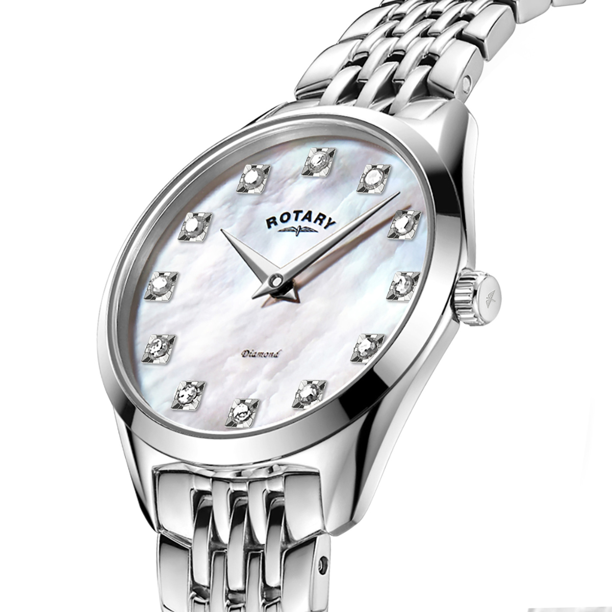 Rotary Ladie's Ultra Slim Stone Set Mother Of Pearl Stainless Steel Bracelet Watch - LB08010/07/D