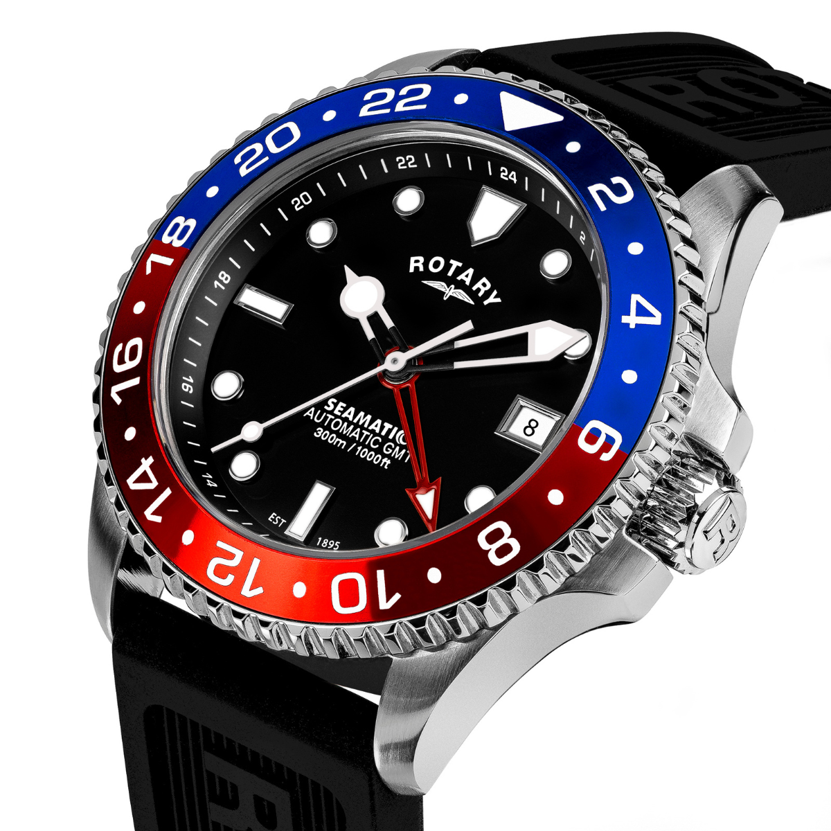 Rotary Men's Seamatic GMT 300M Water Resistance Stainless Steel Black Silicone Strap Watch - GS04378/95