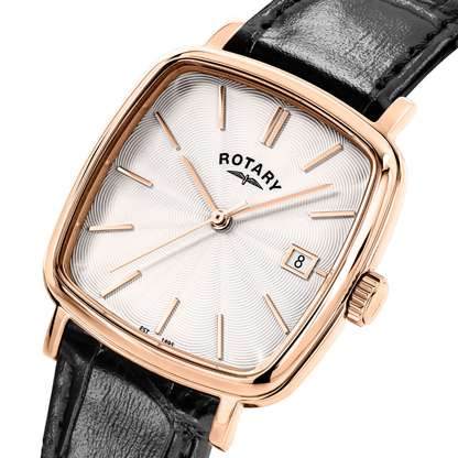 Rotary Men's Heritage Astoria Square Rose Gold Plated Stainless Steel Case Black Leather Strap Watch - GS05309/01
