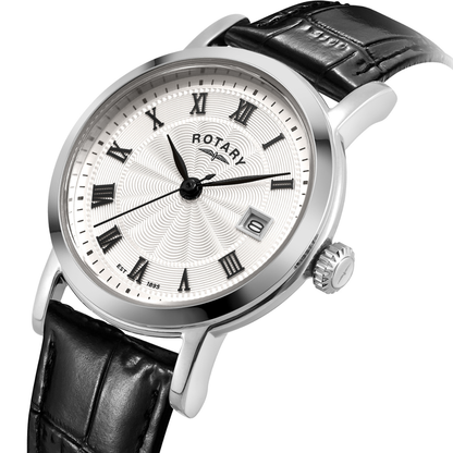 Rotary Ladies Heritage White Roman Numeral Dial Stainless Steel Black Leather Strap Watch - LS05420/01