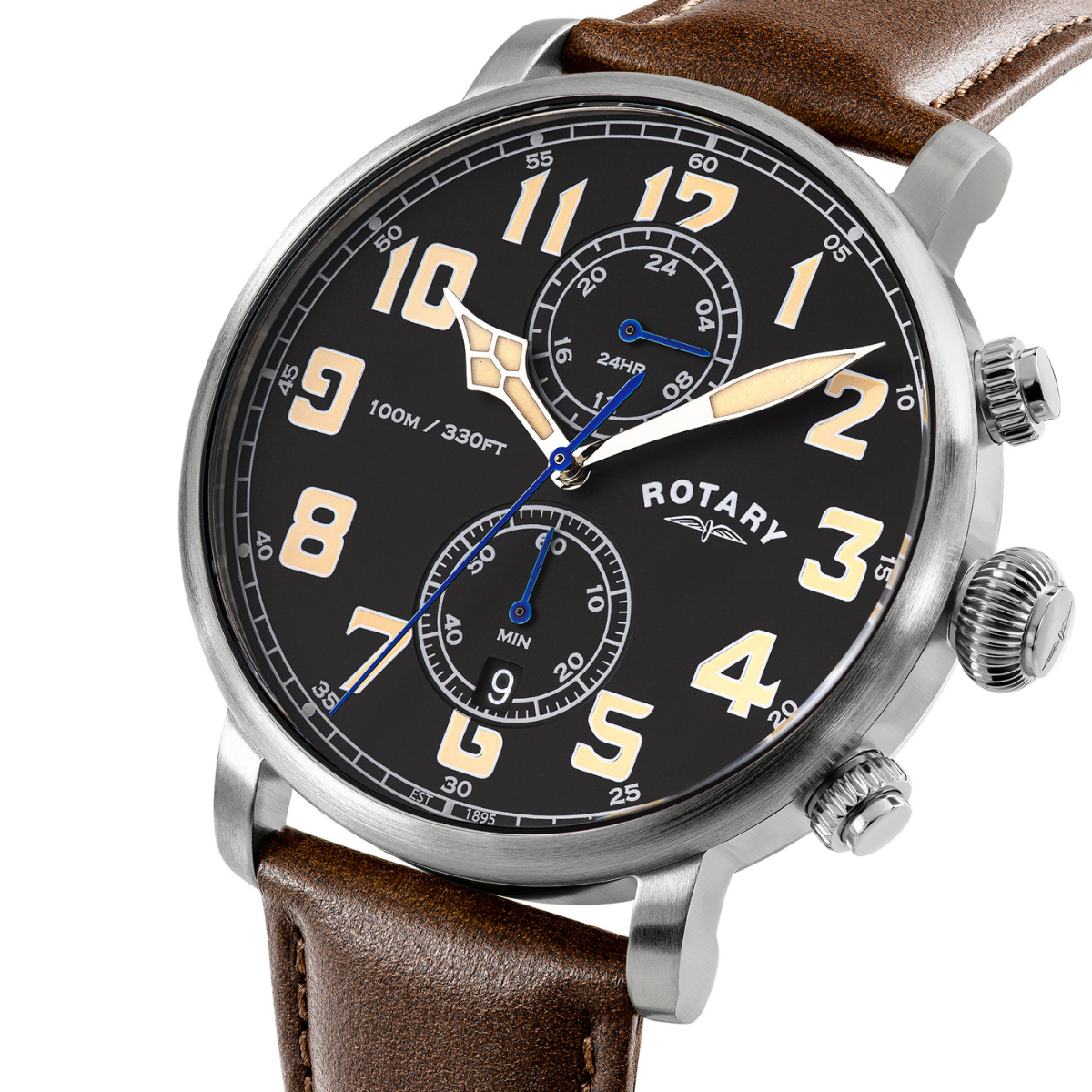 Rotary Men's Heritage Pilot 100M Water Resistance Stainless Steel Brown Leather Strap Watch - RGS10000/04