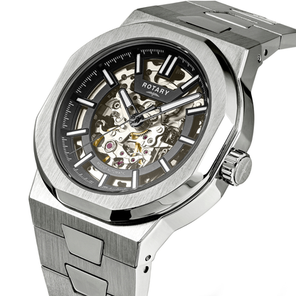 Rotary Men's Regent Skeleton Automatic 100M Water Resistance Black Dial Stainless steel Bracelet Watch - GB05495/04