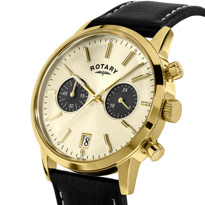 Rotary Men's 1895 Gold Plated Stainless Steel Chronograph Brown Leather Strap Watch - RGS10068/03