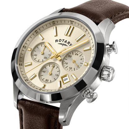 Rotary Men's Heritage Chronograph Stainless Steel Brown Leather Strap Watch - RGS10071/03