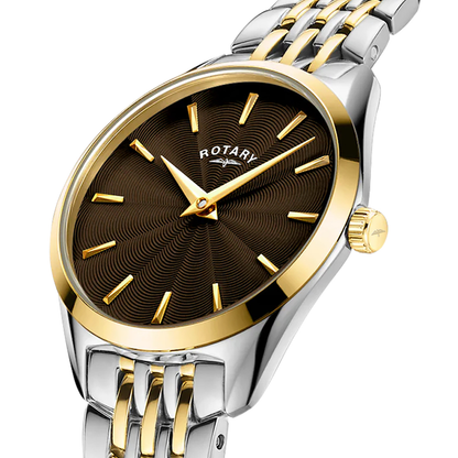 Rotary Ladie's Ultra Slim Sunray Guilloche Dial Silver & Gold Plated Stainless Steel Bracelet Watch - LB08011/49