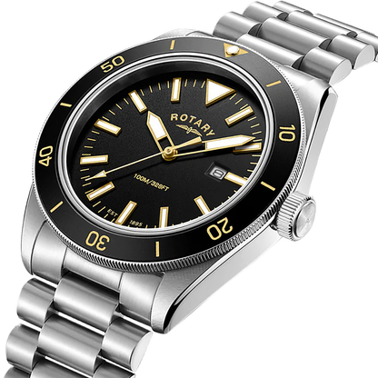 Rotary Men's Apex 10 Black Bezel Stainless Steel Bracelet Watch - RGB10001/06
