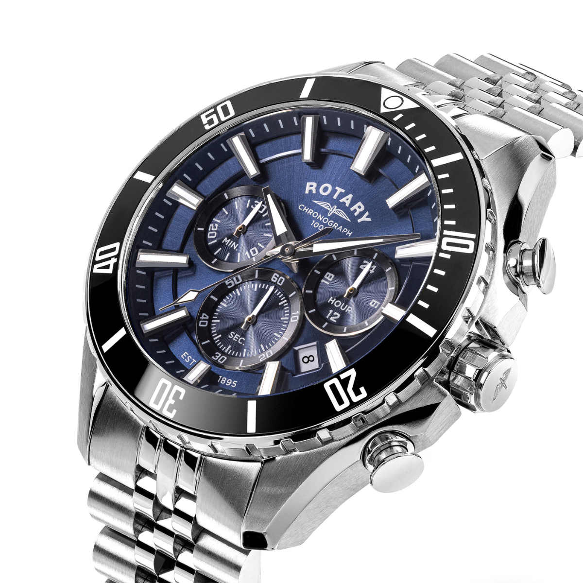 Rotary Men's Apex 100 Chronograph 100M Water Resistance Blue Dial Stainless Steel Bracelet Watch - RGB10013/05