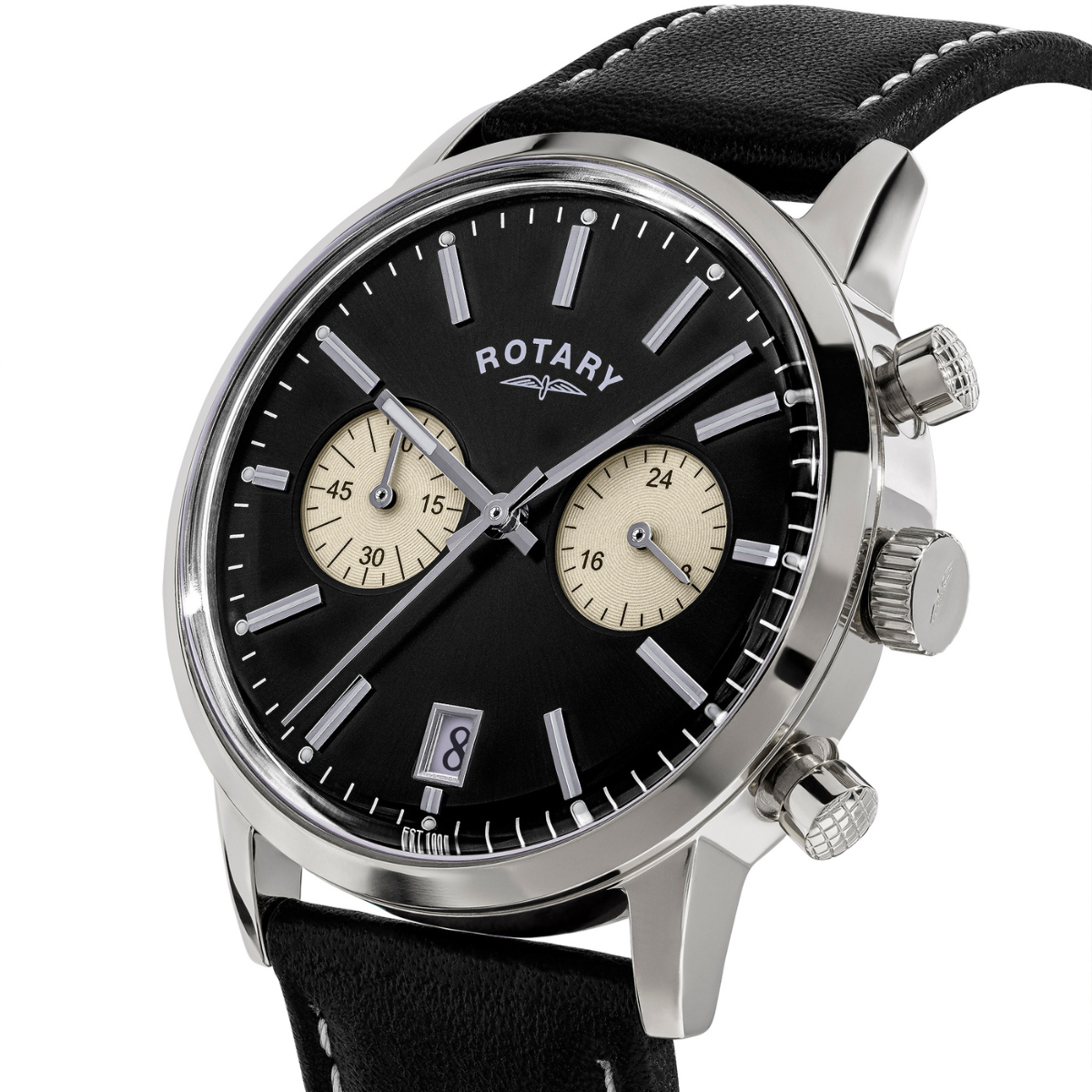Rotary Men's 1895 Stainless Steel Chronograph Black Leather Strap Watch - RGS10067/04