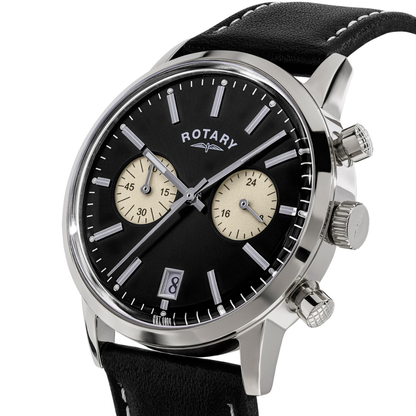 Rotary Men's 1895 Stainless Steel Chronograph Black Leather Strap Watch - RGS10067/04