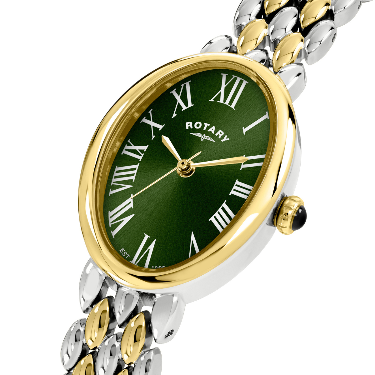 Rotary Ladies Heritage Astoria Green Satin Dial Silver & Gold Plated Stainless Steel Pebble Bracelet Watch - RLB10025/24
