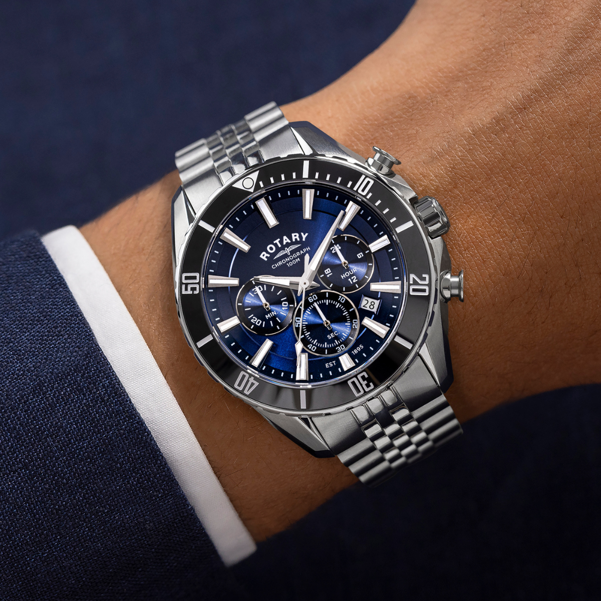 Rotary Men's Apex 100 Chronograph 100M Water Resistance Blue Dial Stainless Steel Bracelet Watch - RGB10013/05